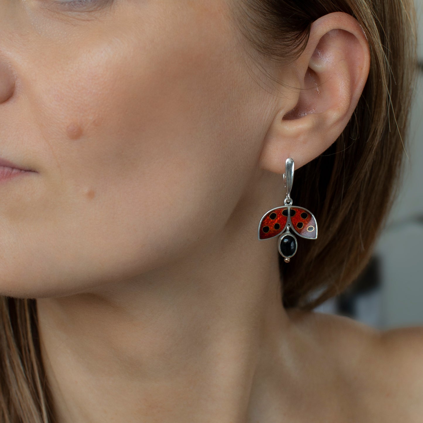 Ladybug Enamel Earrings With Black Onyx And Gold