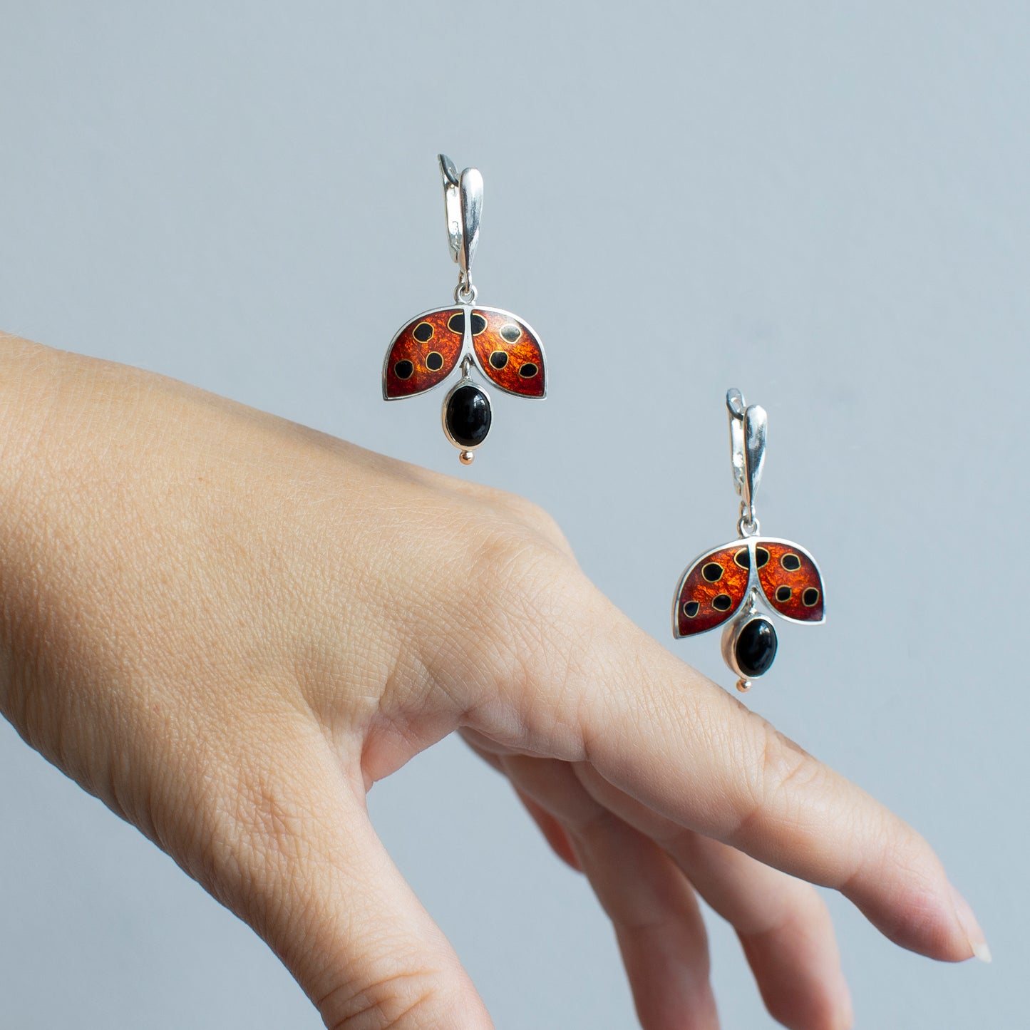 Ladybug Enamel Earrings With Black Onyx And Gold