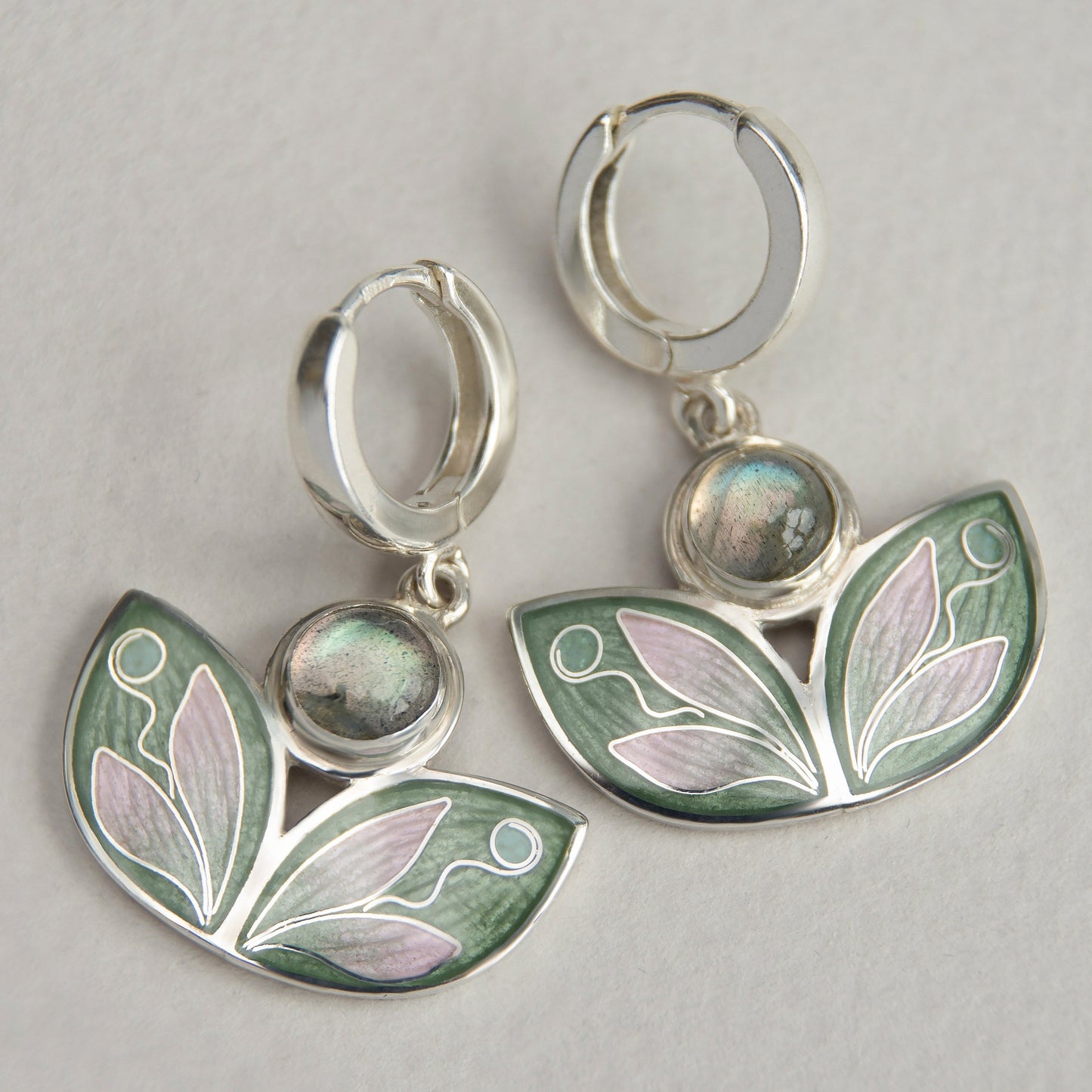 Leaves Shaped Earrings With Labradorite, Cloisonne Enamel Earrings