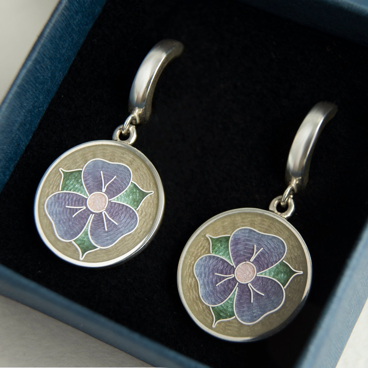 Purple Viola Flower Cloisonne Enamel Earrings