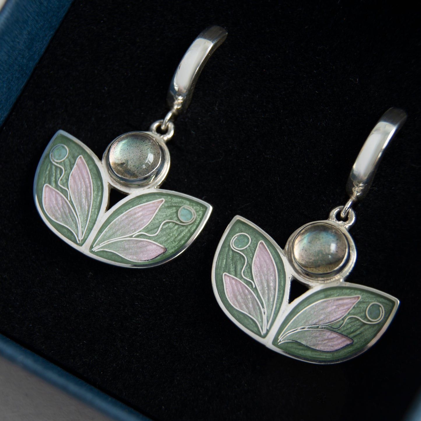 Leaves Shaped Earrings With Labradorite, Cloisonne Enamel Earrings