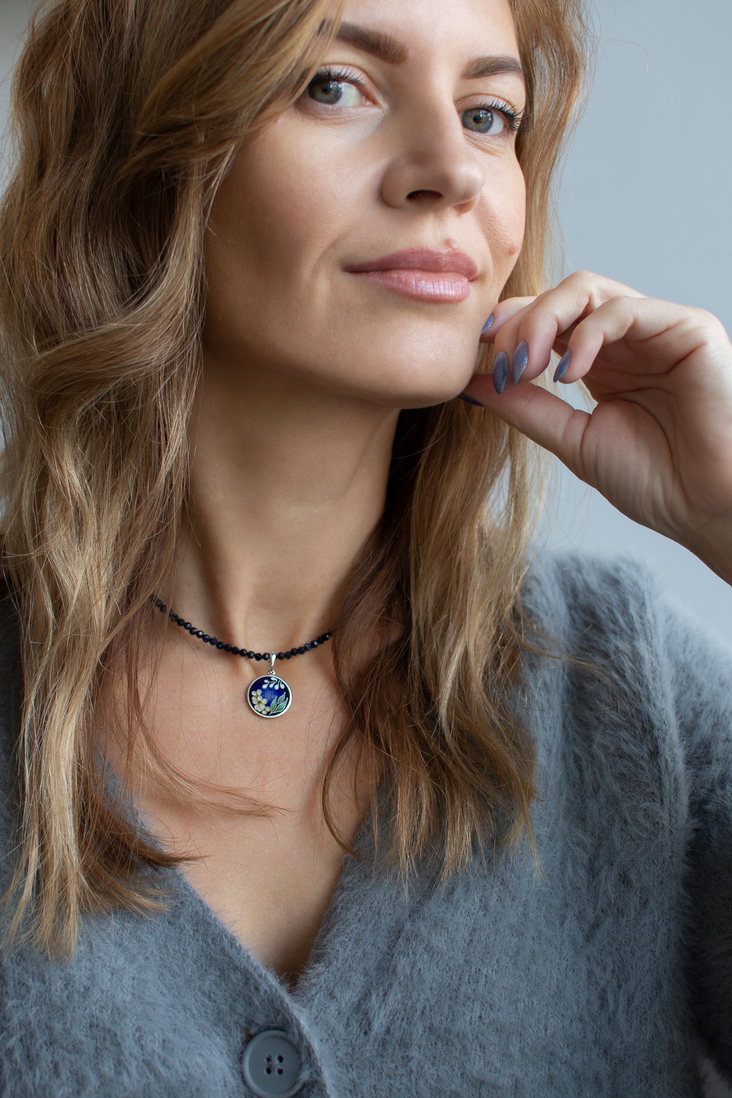 Blue Goldstone Necklace, Cairo Night Necklace with Silver Pendant