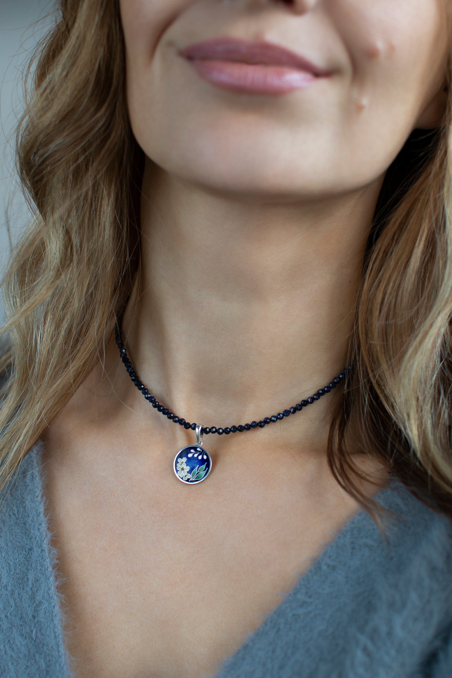 Blue Goldstone Necklace, Cairo Night Necklace with Silver Pendant