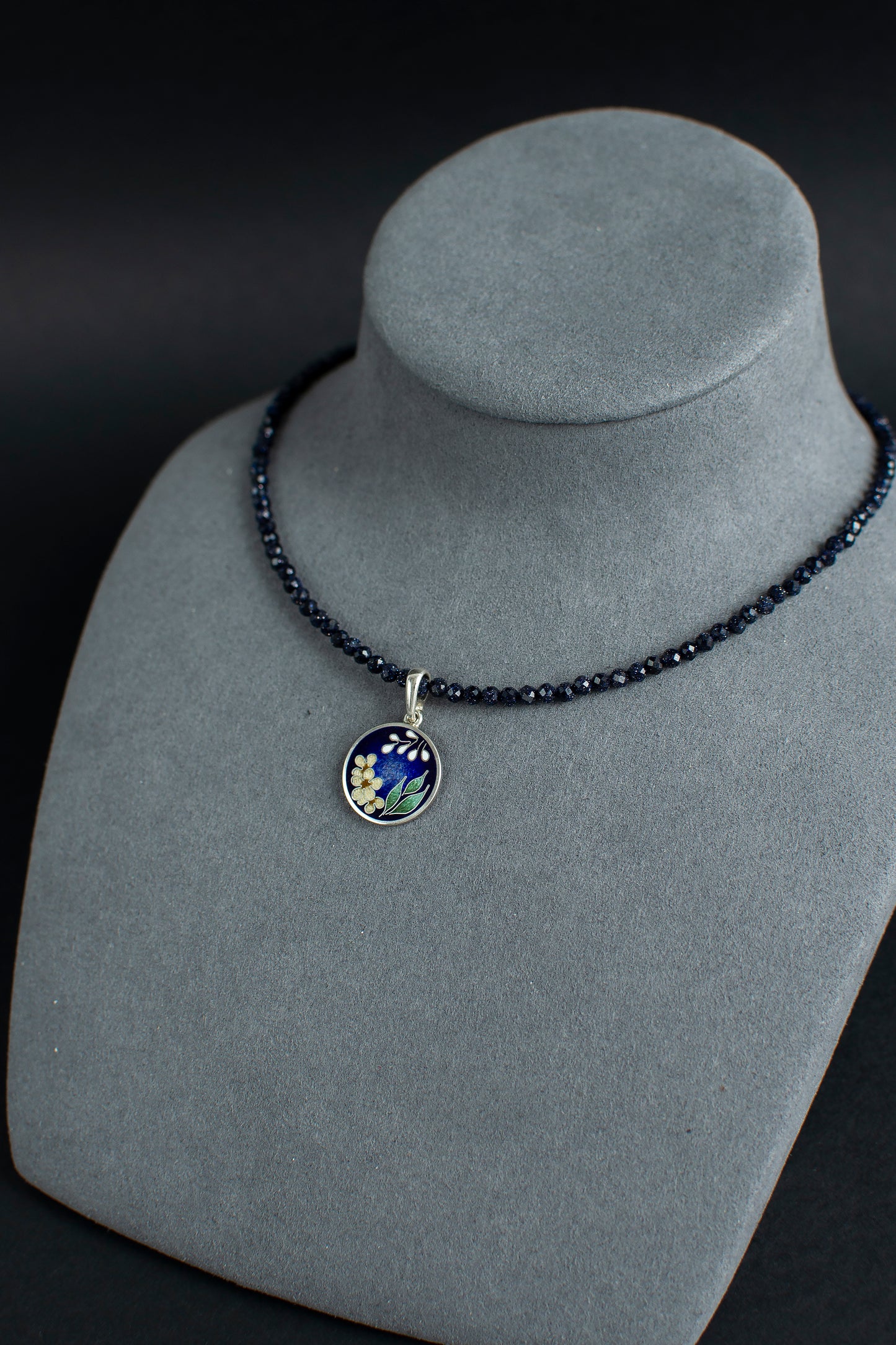 Blue Goldstone Necklace, Cairo Night Necklace with Silver Pendant