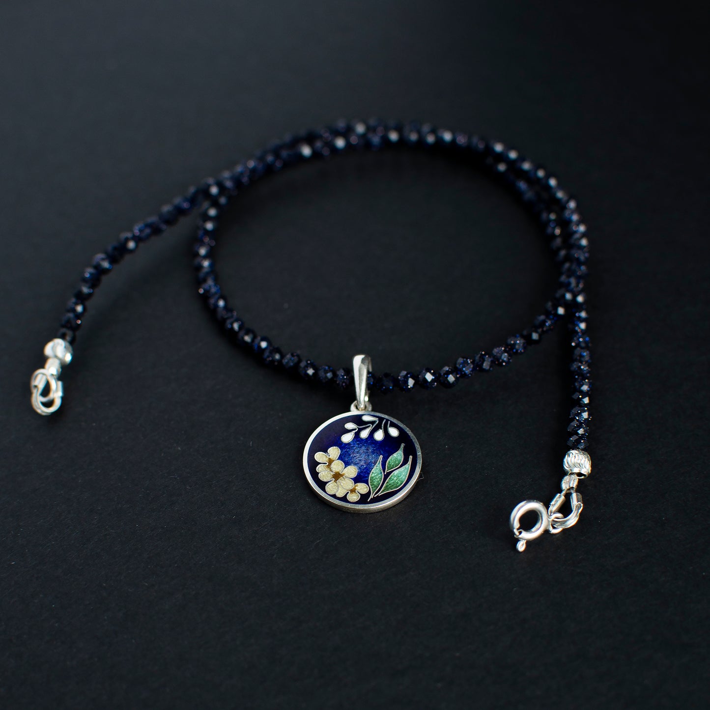 Blue Goldstone Necklace, Cairo Night Necklace with Silver Pendant