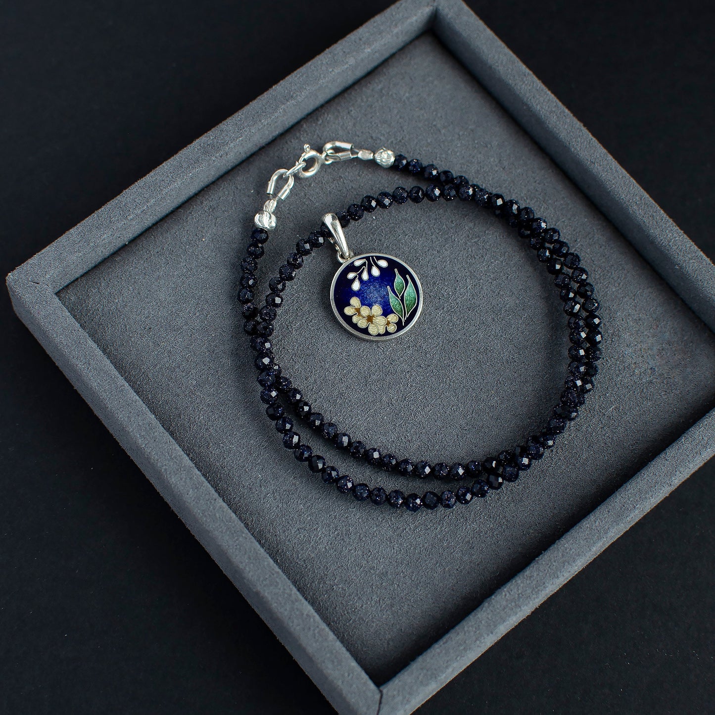 Blue Goldstone Necklace, Cairo Night Necklace with Silver Pendant