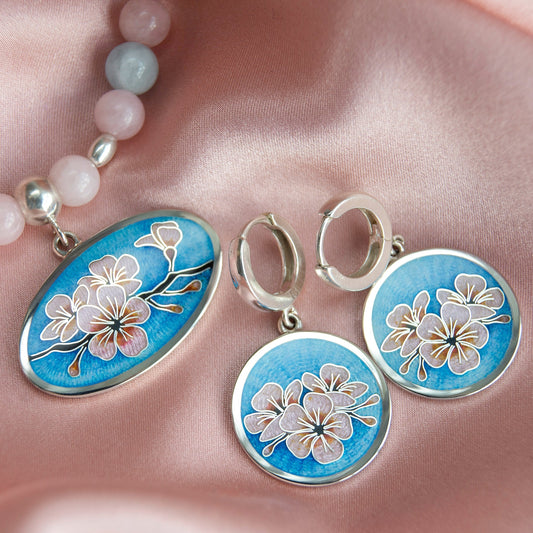 "Sakura" Cloisonne Enamel Necklace And Earrings Jewelry Set