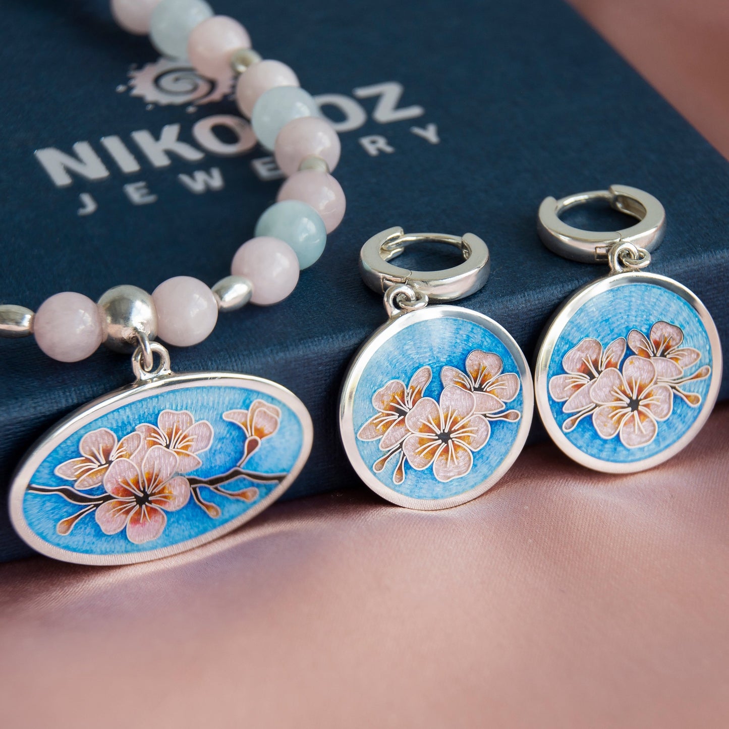 "Sakura" Cloisonne Enamel Necklace And Earrings Jewelry Set