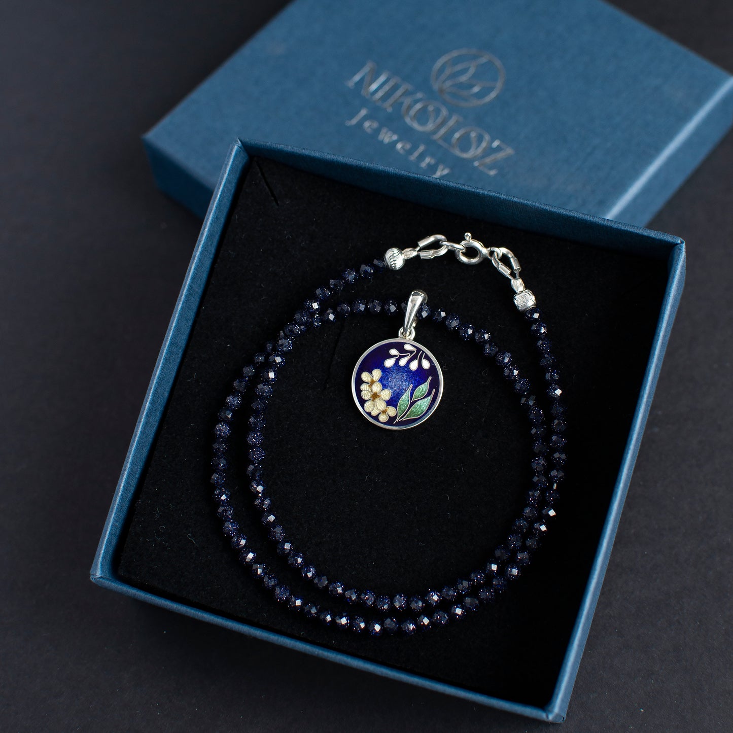 Blue Goldstone Necklace, Cairo Night Necklace with Silver Pendant