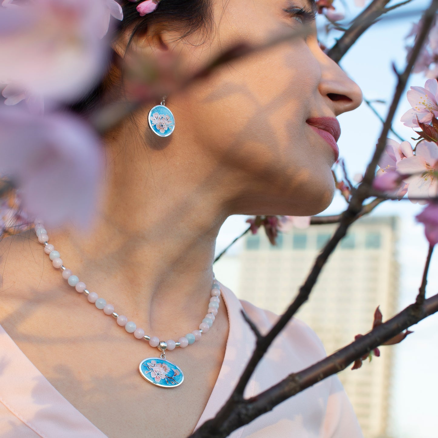 "Sakura" Cloisonne Enamel Necklace And Earrings Jewelry Set