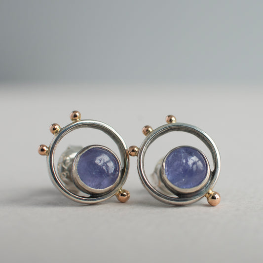 Tanzanite Minimalist Stud Earrings With 14K Gold Beads