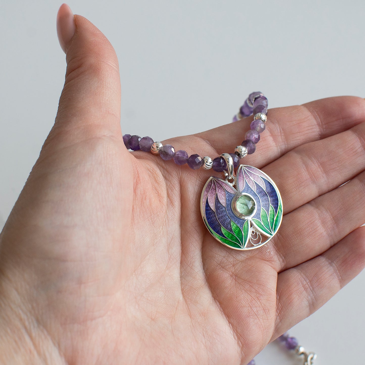 Tropical Enamel Pendant With Amethyst Beaded Necklace