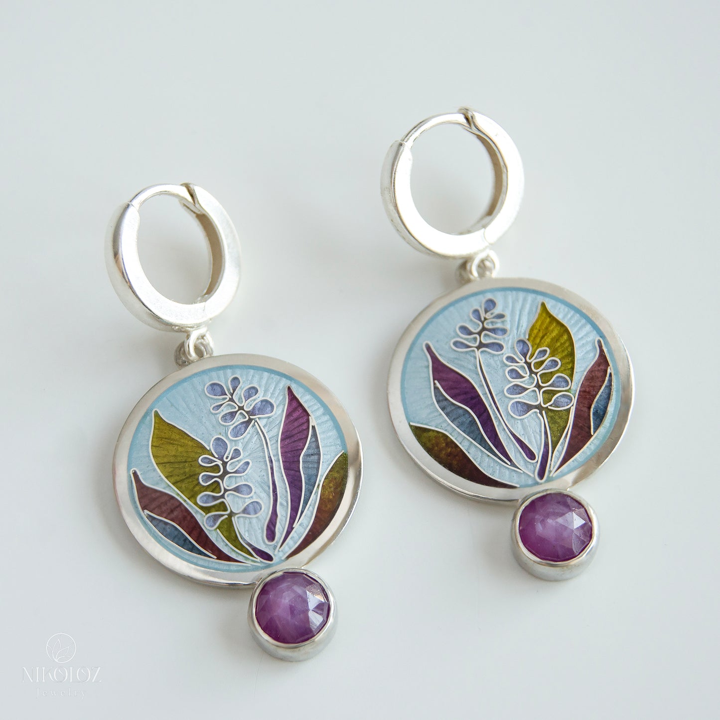 Plants Enamel Earrings With Rose Cut Ruby "Cordyline Fruticosa"