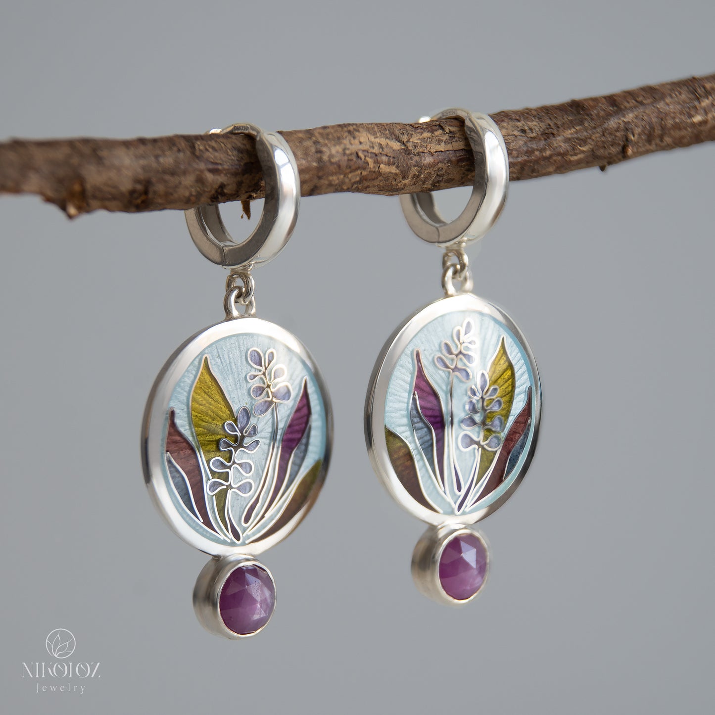 Plants Enamel Earrings With Rose Cut Ruby "Cordyline Fruticosa"