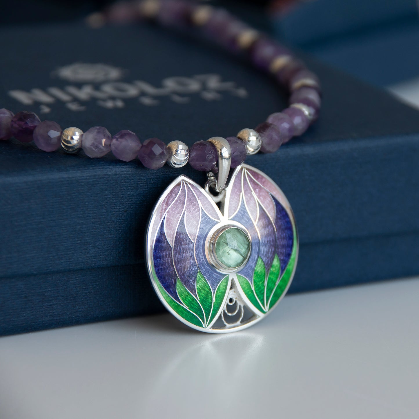 Tropical Enamel Pendant With Amethyst Beaded Necklace