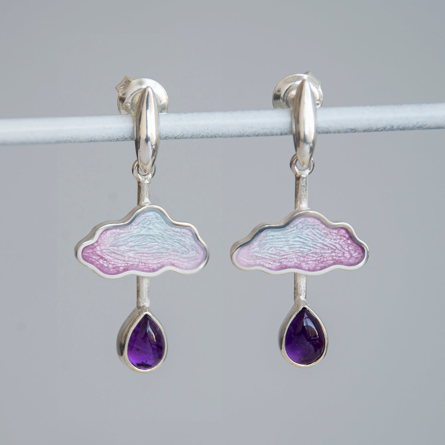 Cloud Raindrop Enamel Earrings With Drop Form Amethyst