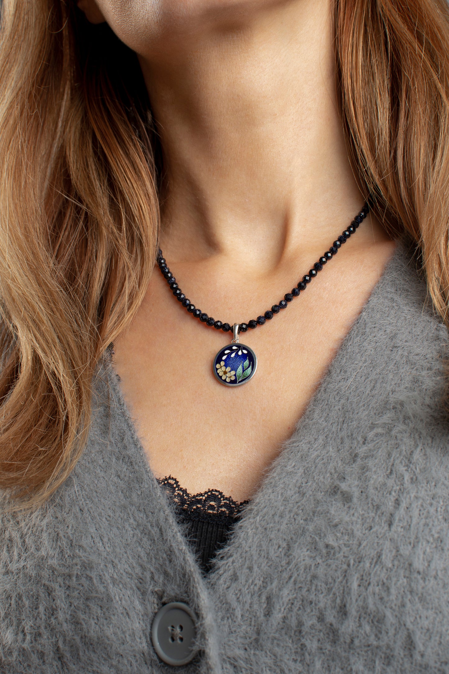 Blue Goldstone Necklace, Cairo Night Necklace with Silver Pendant