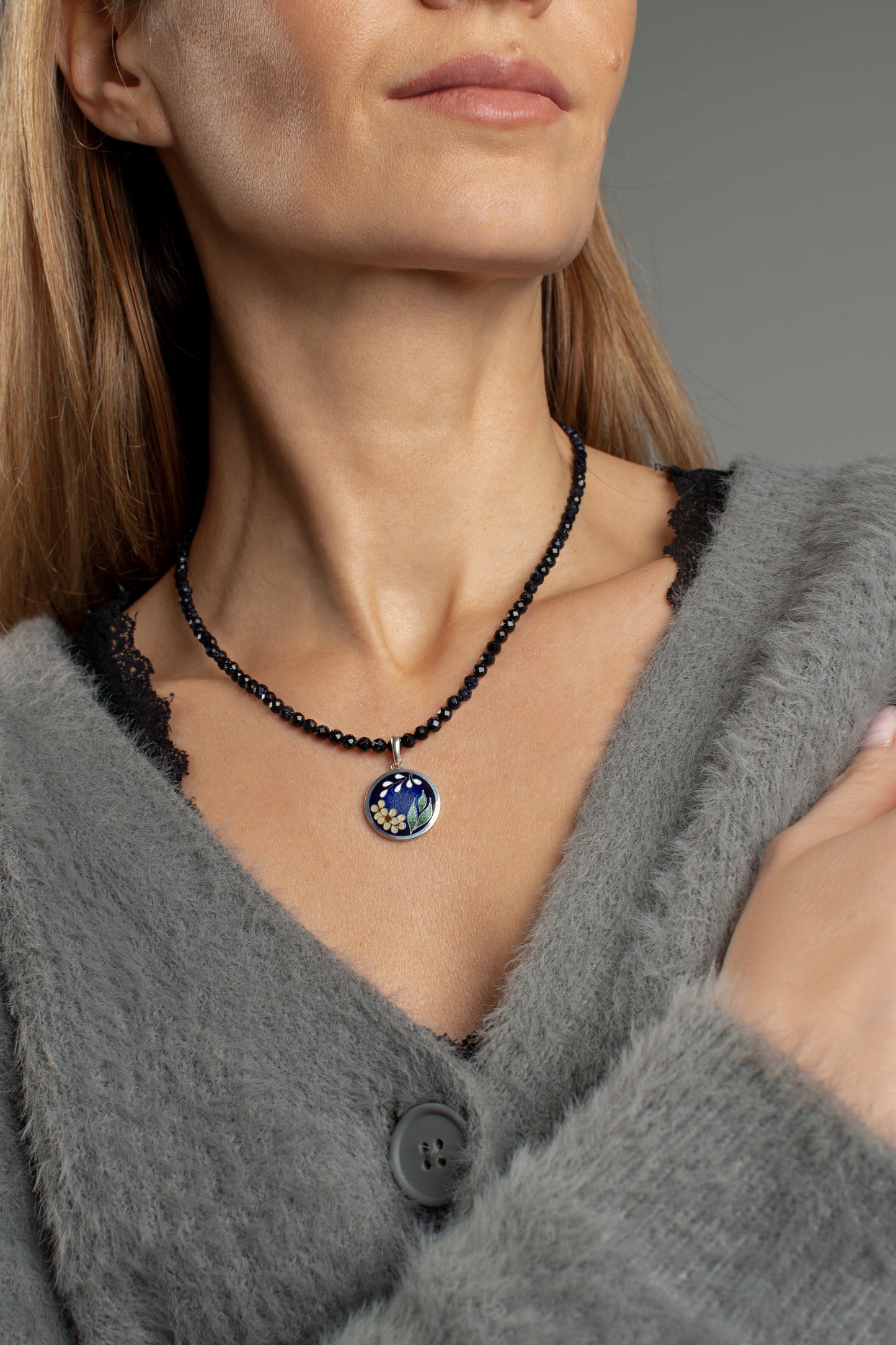 Blue Goldstone Necklace, Cairo Night Necklace with Silver Pendant