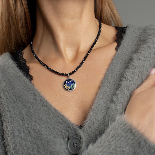 Enamel Pendan Necklace, Cairo Night Necklace with Silver Pendant