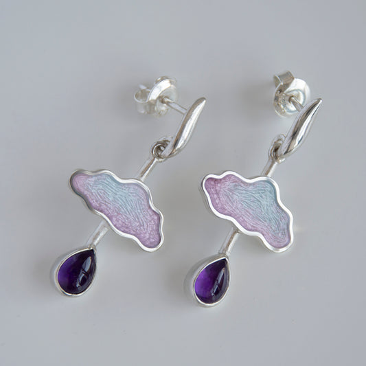 Cloud Raindrop Enamel Earrings With Drop Form Amethyst