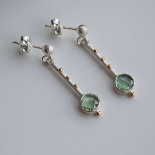 Silver Earrings Sticks With Green Kyanite And 14K Gold Beads
