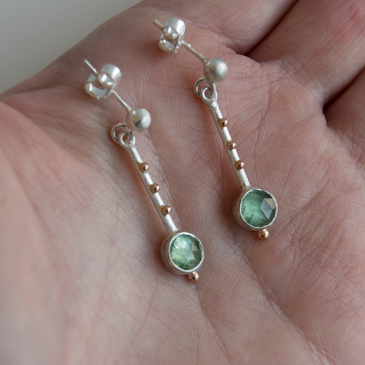 Silver Earrings Sticks With Green Kyanite And 14K Gold Beads