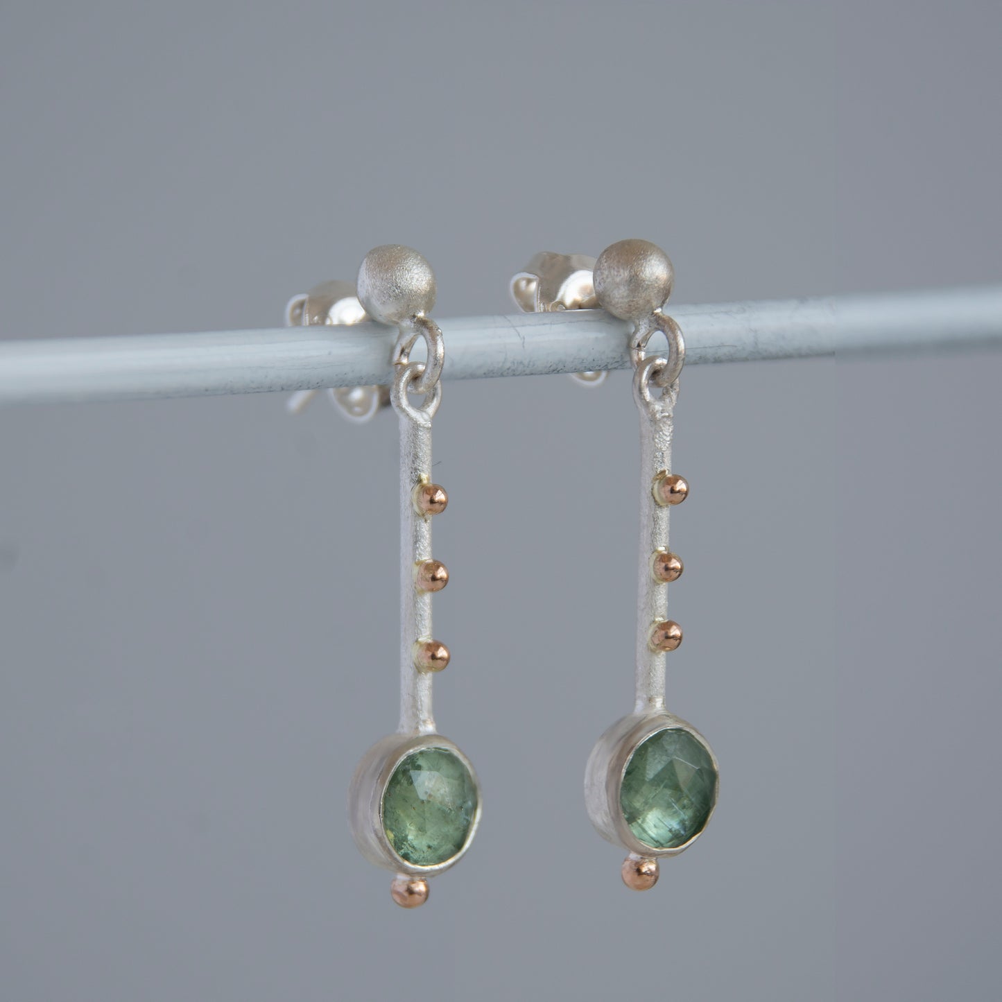 Silver Earrings Sticks With Green Kyanite And 14K Gold Beads