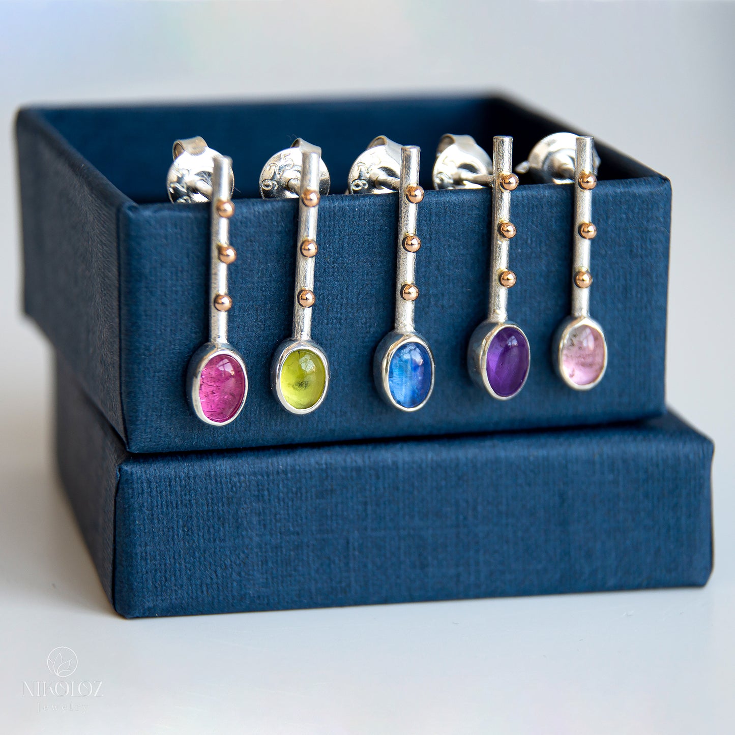 Multicolour Silver Earrings "Music Notes" with 14K Gold Beads