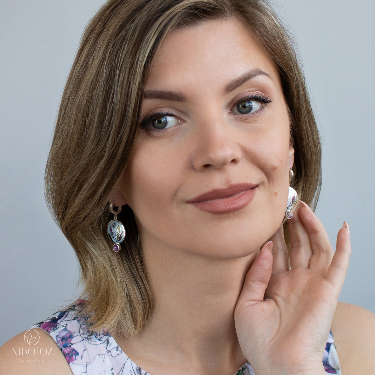 Plants Enamel Earrings With Rose Cut Ruby "Cordyline Fruticosa"