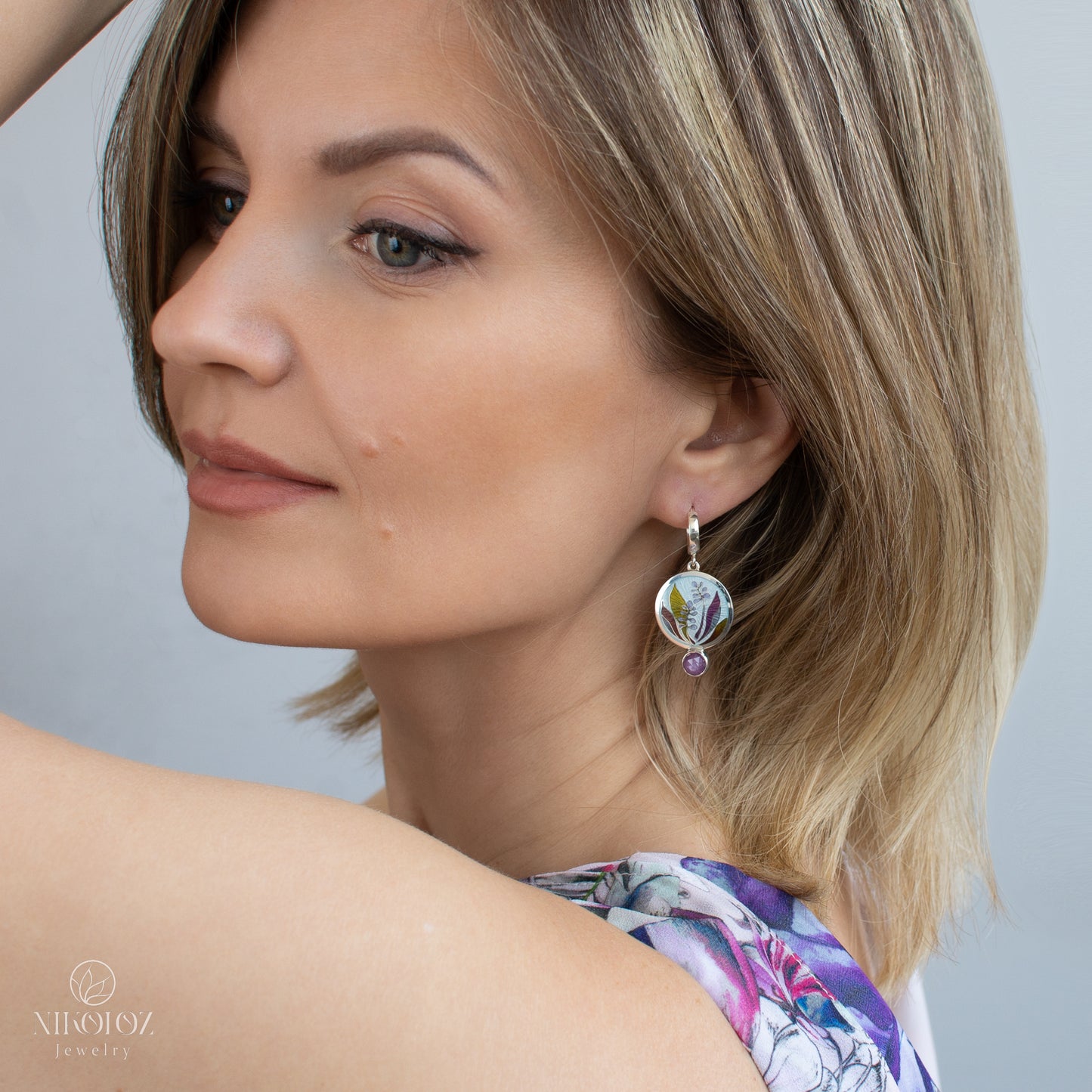 Plants Enamel Earrings With Rose Cut Ruby "Cordyline Fruticosa"