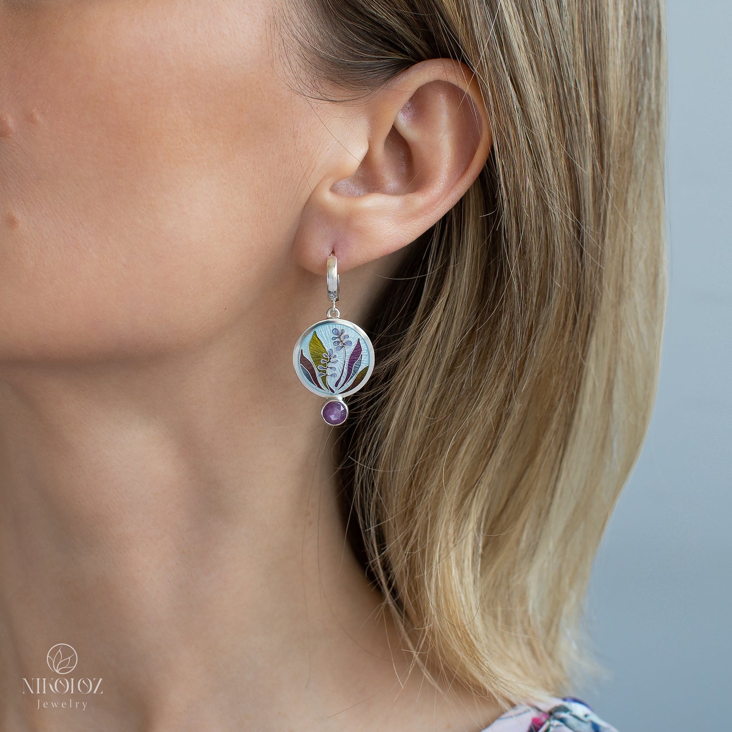 Plants Enamel Earrings With Rose Cut Ruby "Cordyline Fruticosa"