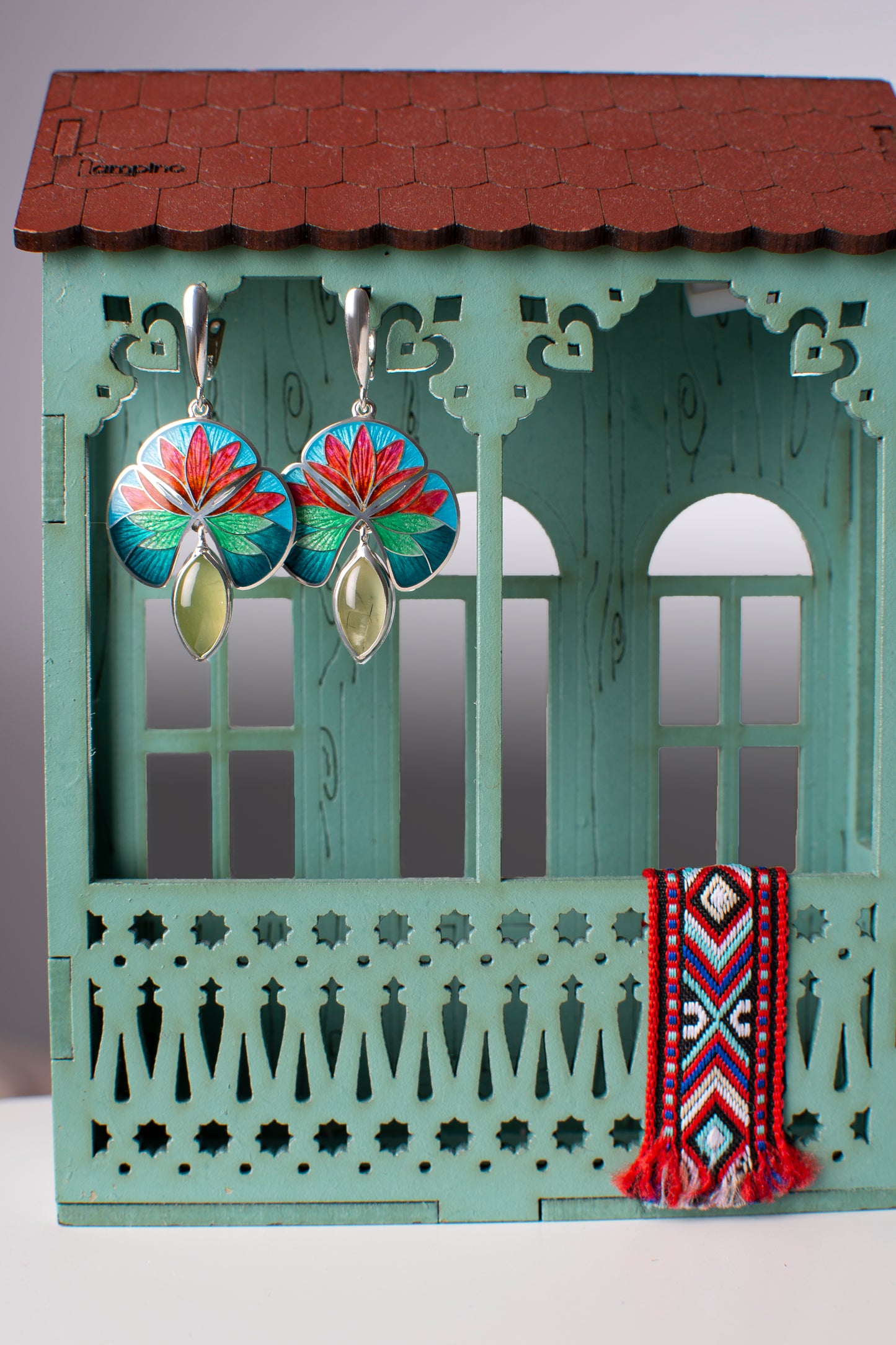Cloisonné Enamel Lily Earrings: Sterling Silver Olivine Flower Jewelry