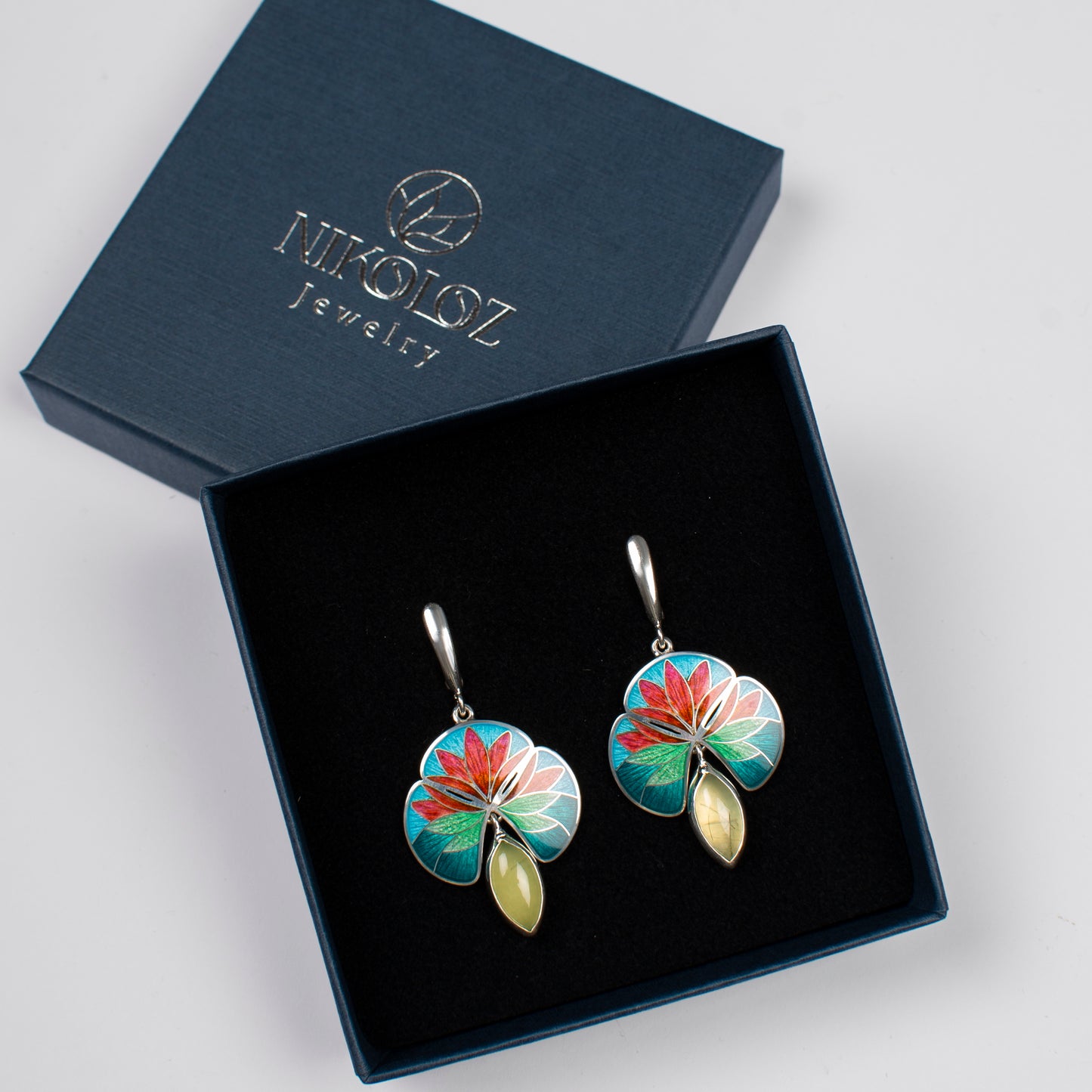 Cloisonné Enamel Lily Earrings: Sterling Silver Olivine Flower Jewelry