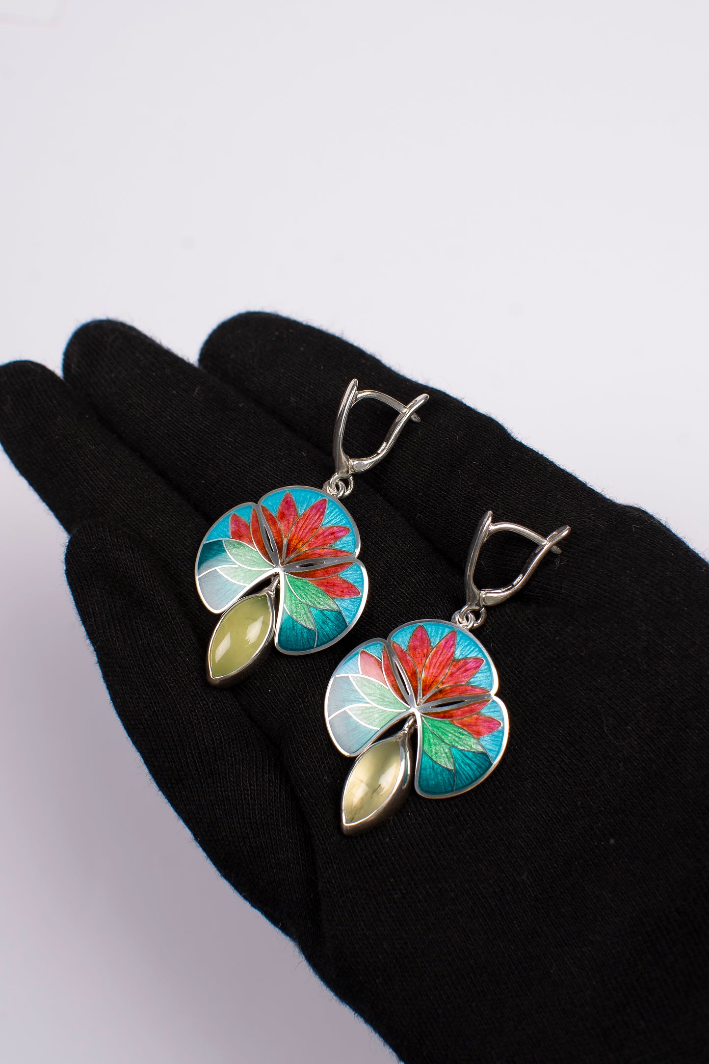 Cloisonné Enamel Lily Earrings: Sterling Silver Olivine Flower Jewelry