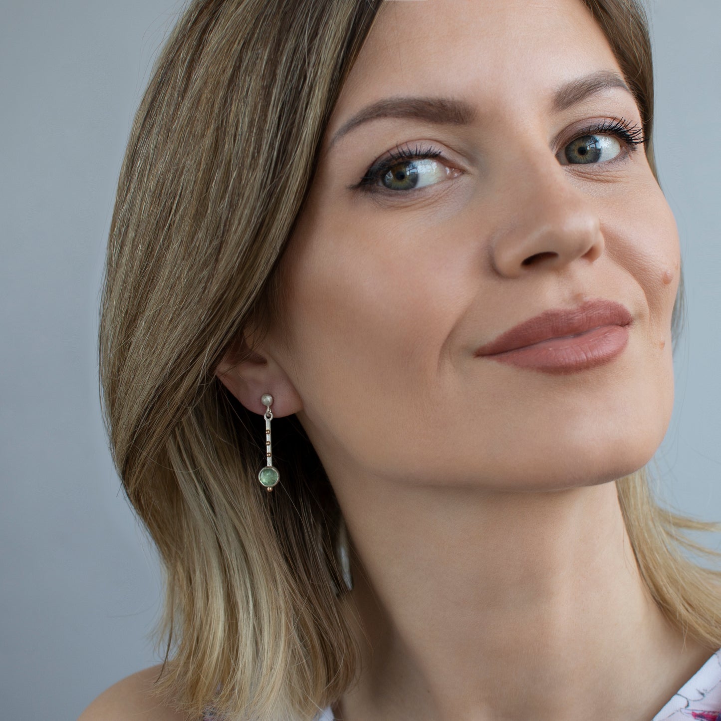 Silver Earrings Sticks With Green Kyanite And 14K Gold Beads