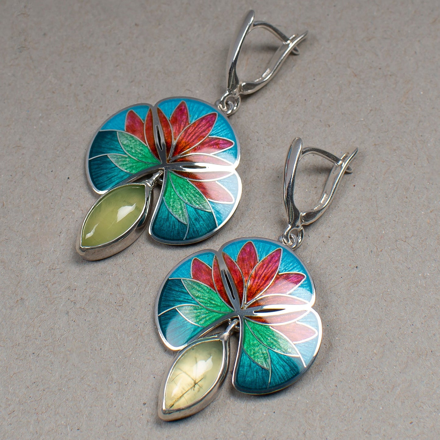 Cloisonné Enamel Lily Earrings: Sterling Silver Olivine Flower Jewelry