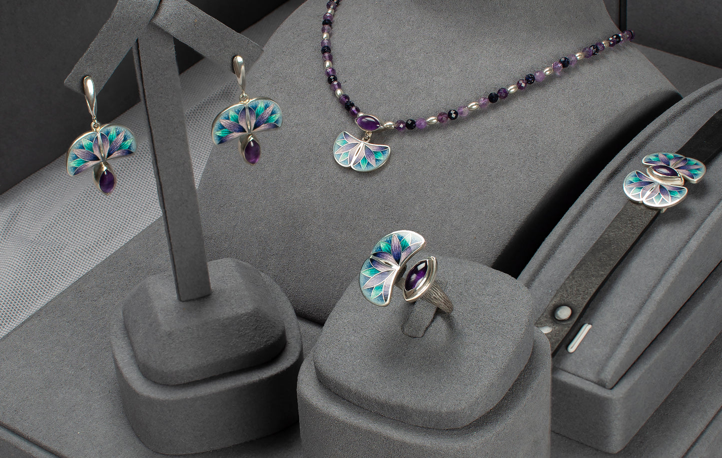 Cloisonne Enamel Set With Amethyst, Bracelet, Ring, Earrings and Necklace