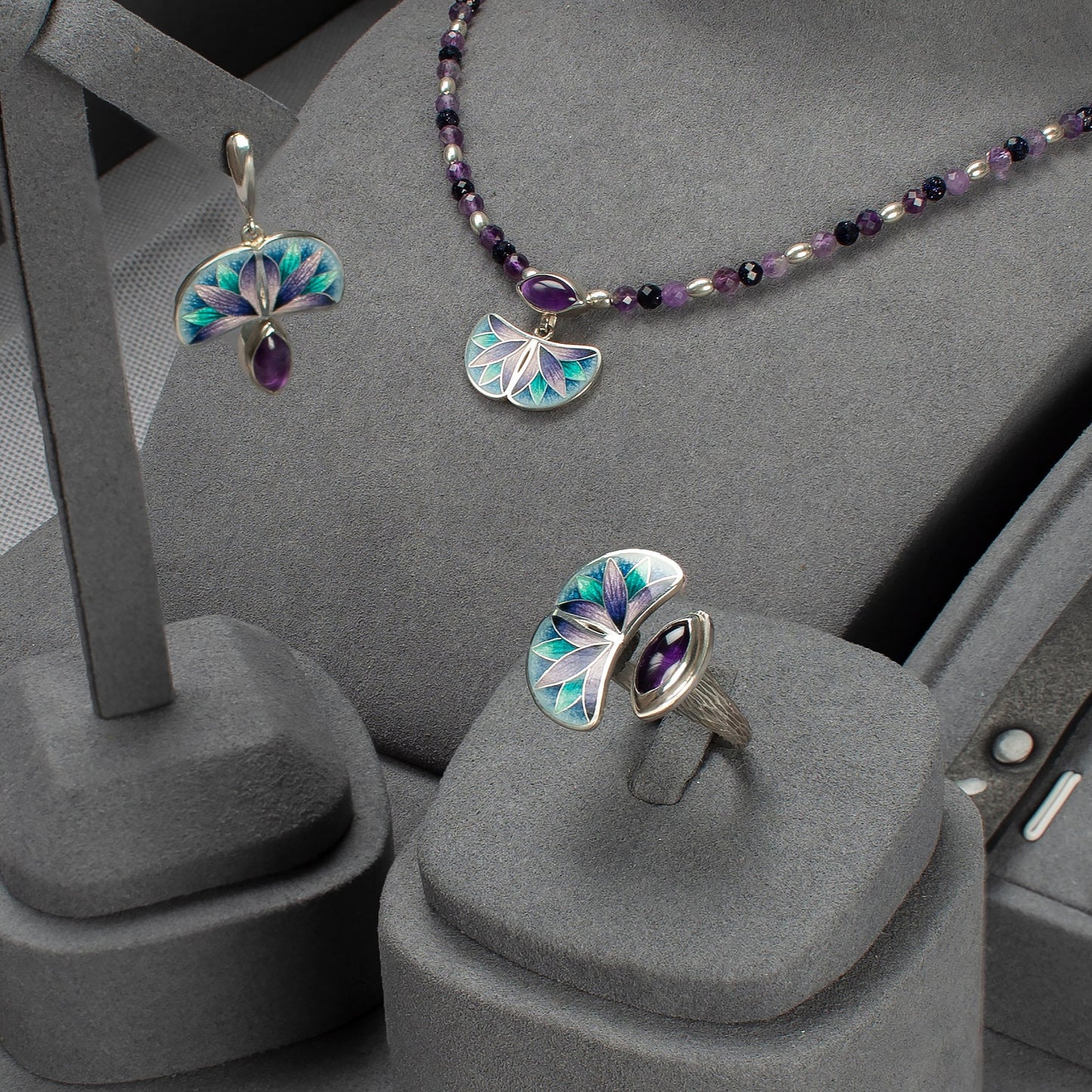 Cloisonne Enamel Open Ring With Amethyst Marquise Stone