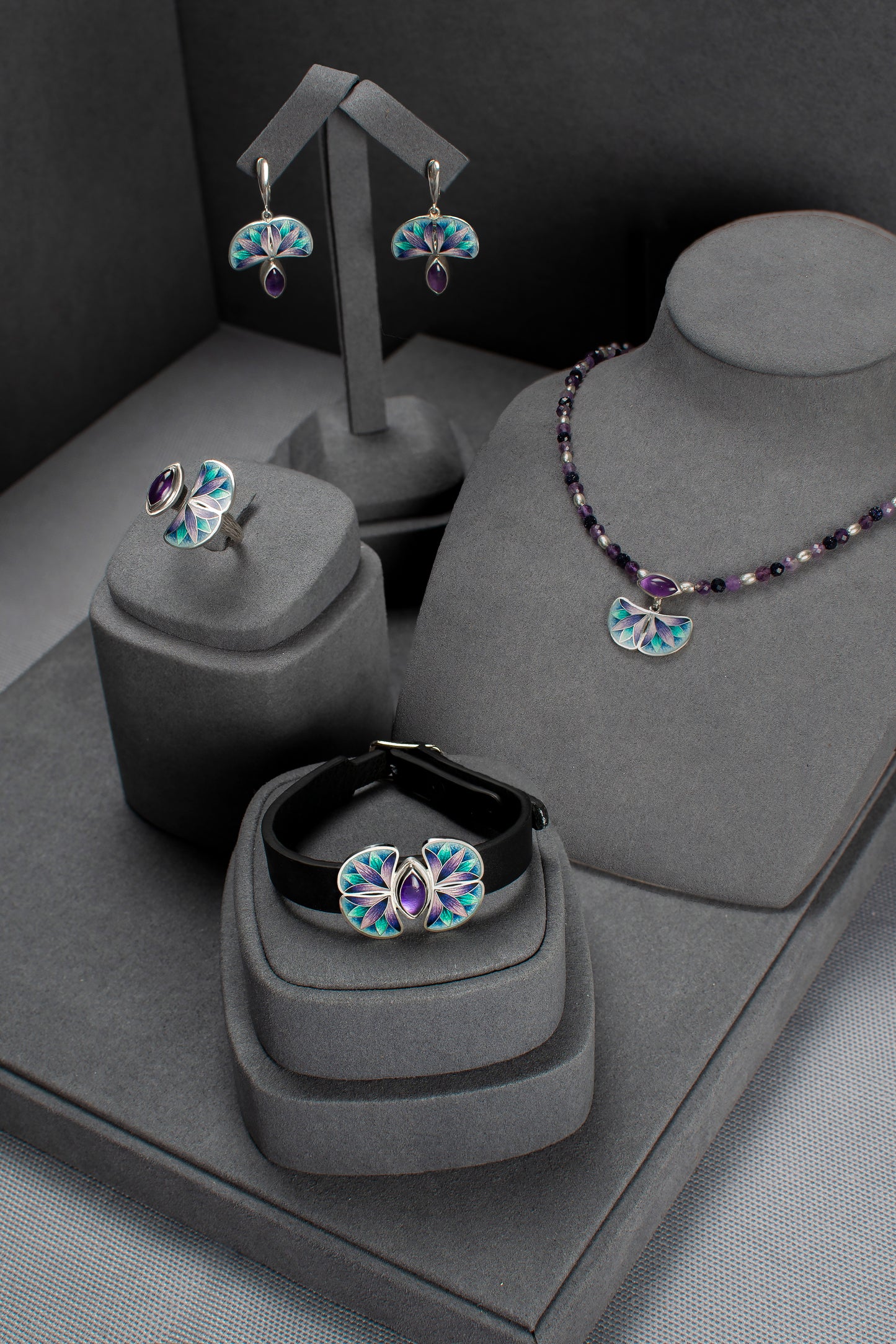 Cloisonne Enamel Set With Amethyst, Bracelet, Ring, Earrings and Necklace