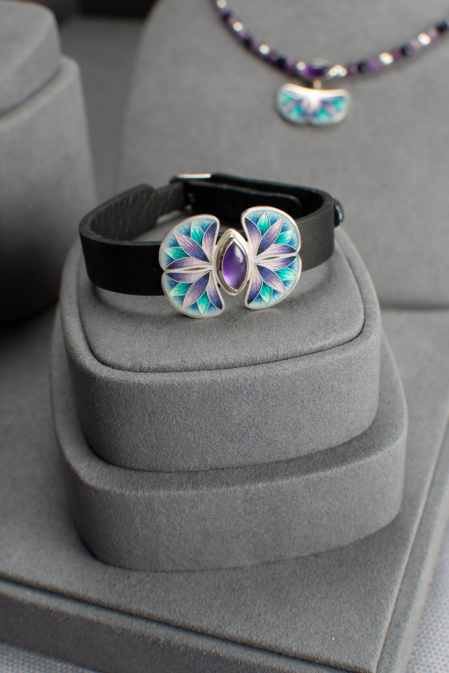 Cloisonne Enamel Set With Amethyst, Bracelet, Ring, Earrings and Necklace