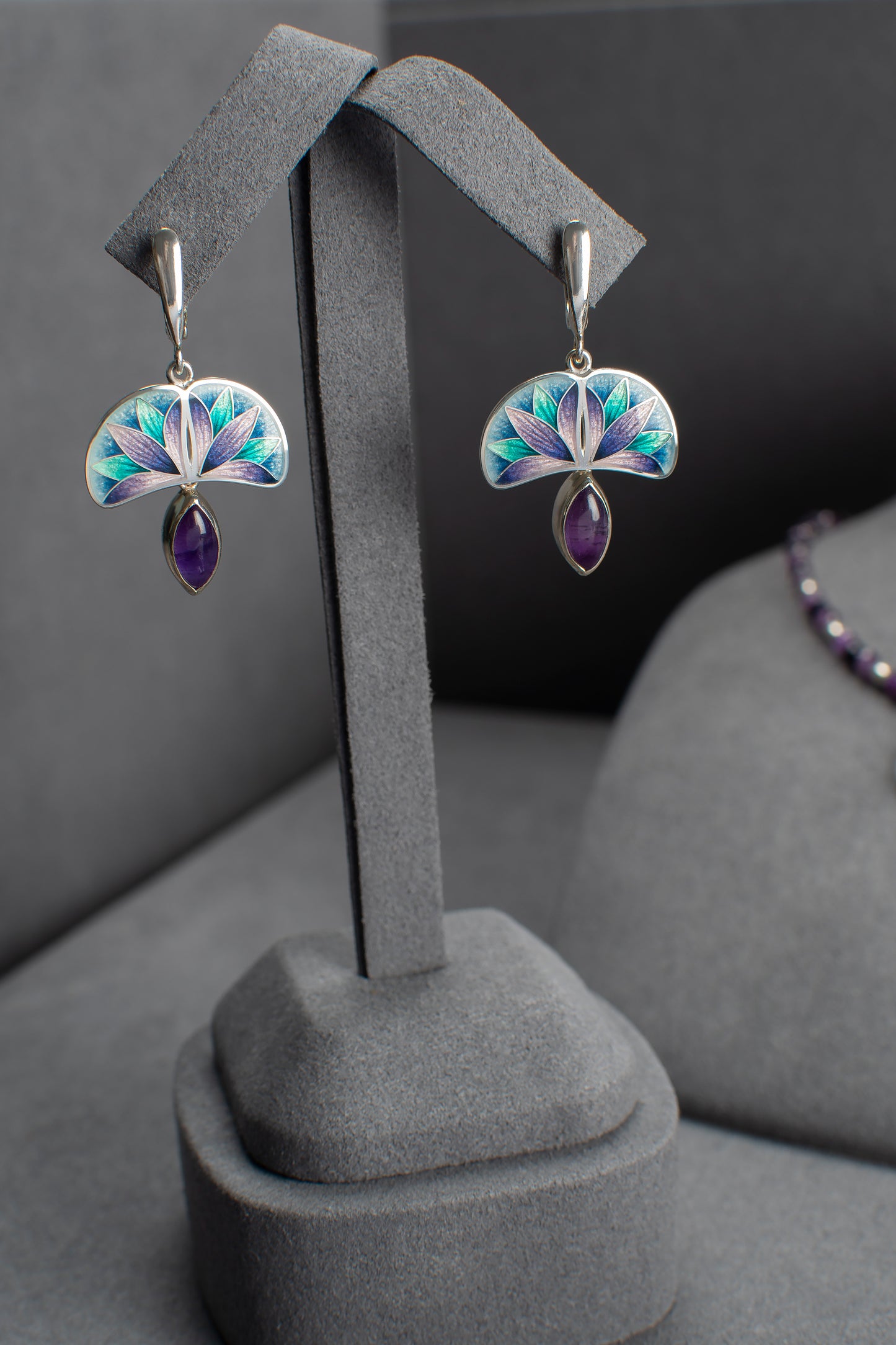 Cloisonne Enamel Set With Amethyst, Bracelet, Ring, Earrings and Necklace