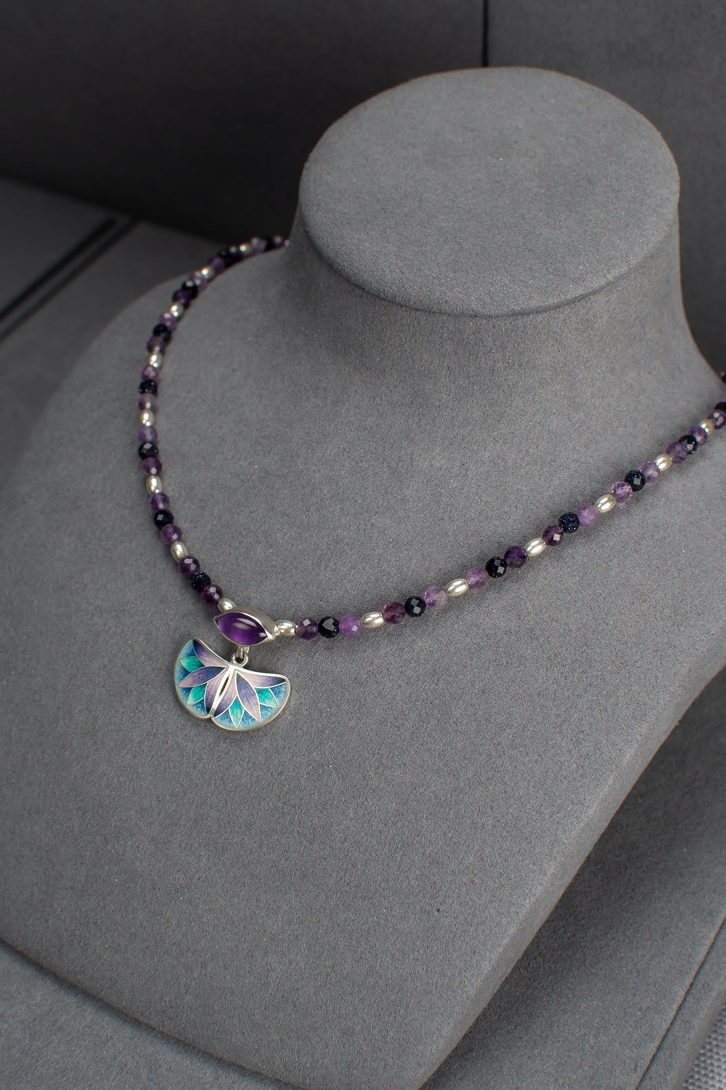 Cloisonne Enamel Set With Amethyst, Bracelet, Ring, Earrings and Necklace