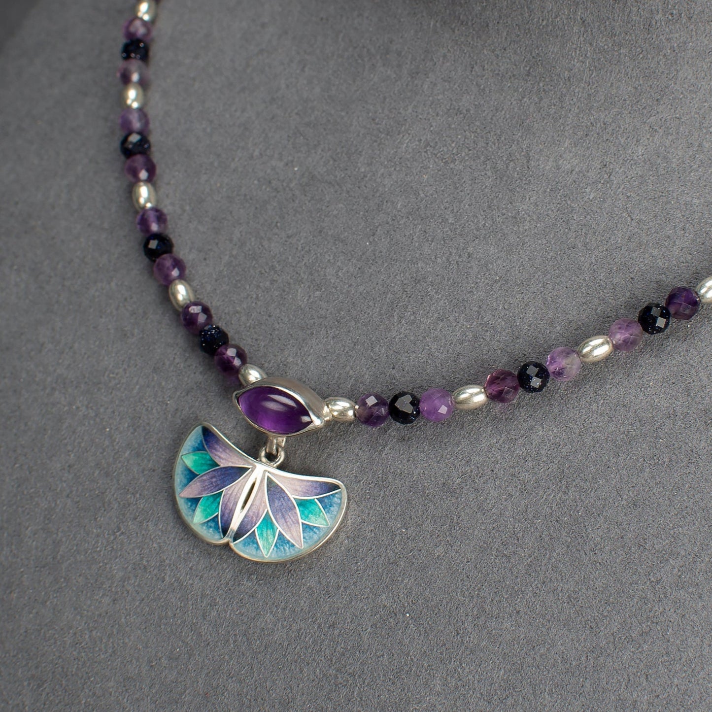 Cloisonne Enamel Necklace, Blue Purple Pendant With  Marquise Amethyst Semicircle Necklace