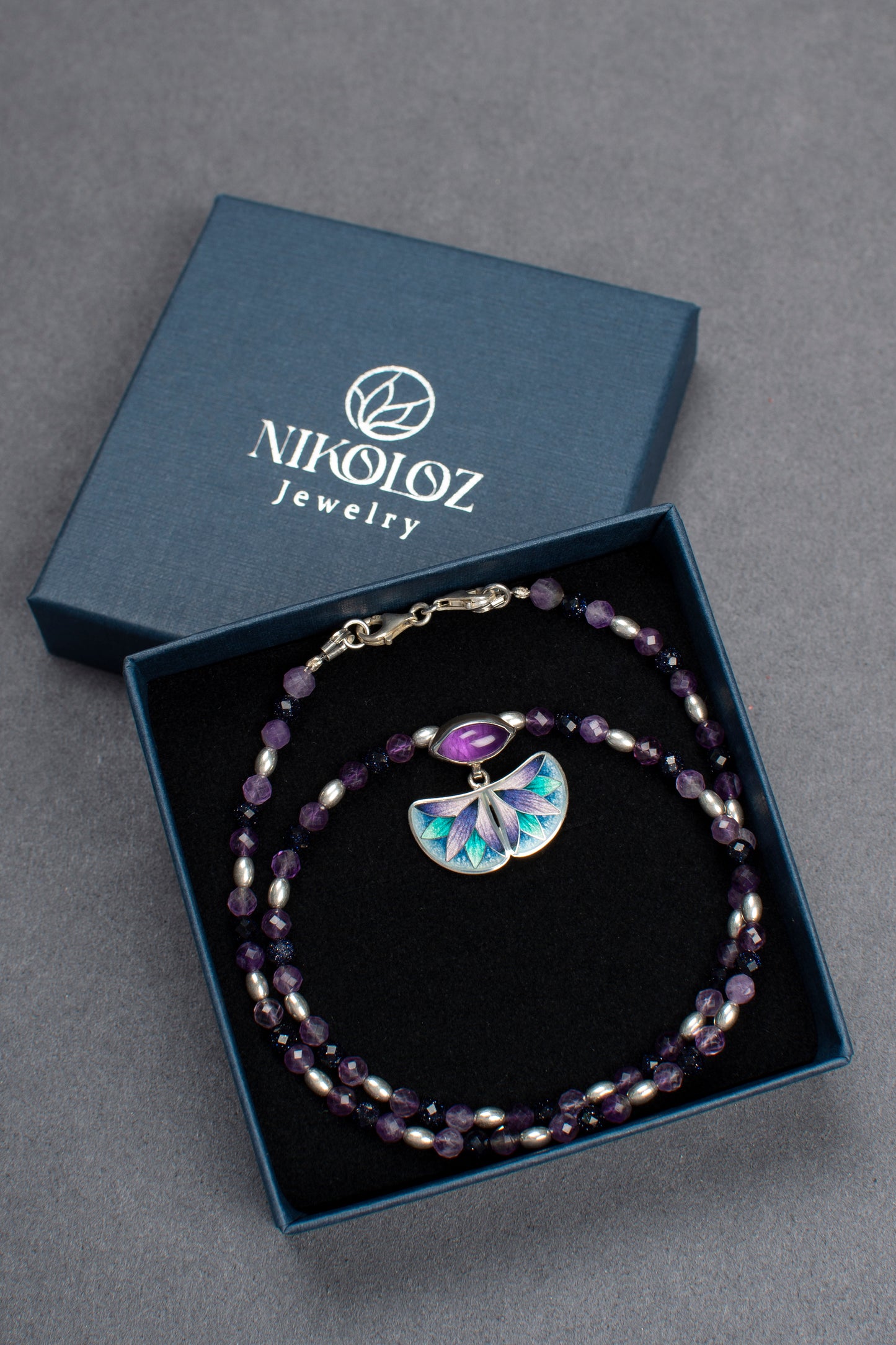 Cloisonne Enamel Set With Amethyst, Bracelet, Ring, Earrings and Necklace