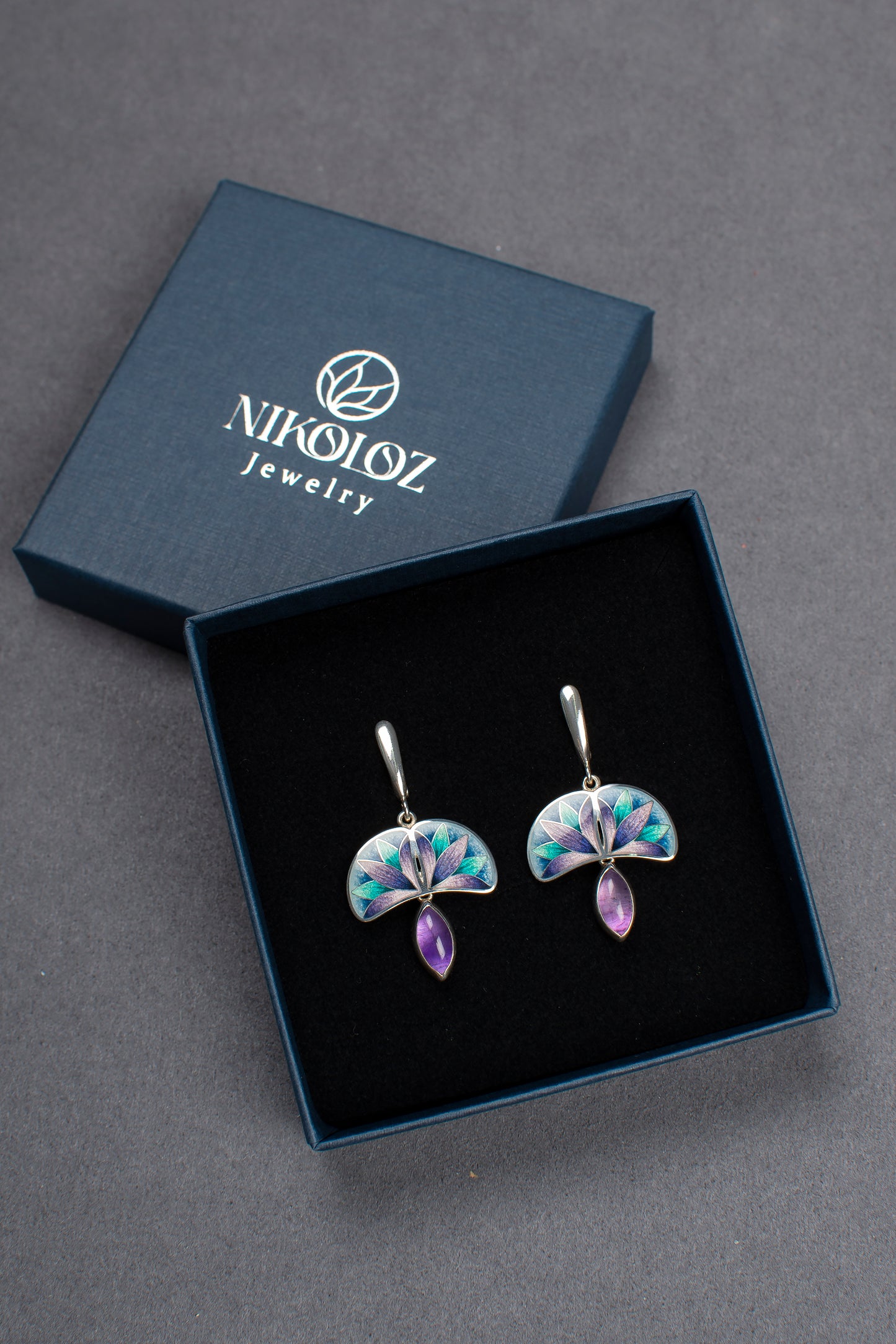 Cloisonne Enamel Set With Amethyst, Bracelet, Ring, Earrings and Necklace