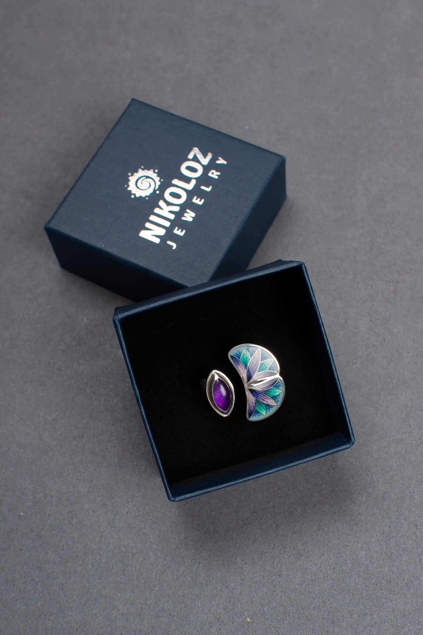 Cloisonne Enamel Set With Amethyst, Bracelet, Ring, Earrings and Necklace