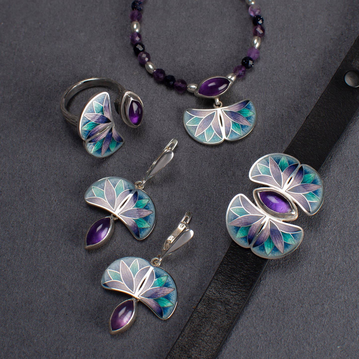 Cloisonne Enamel Set With Amethyst, Bracelet, Ring, Earrings and Necklace