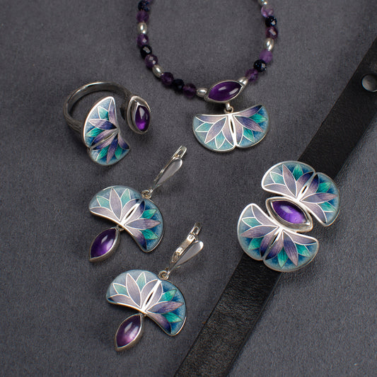 Cloisonne Enamel Set With Amethyst, Bracelet, Ring, Earrings and Necklace