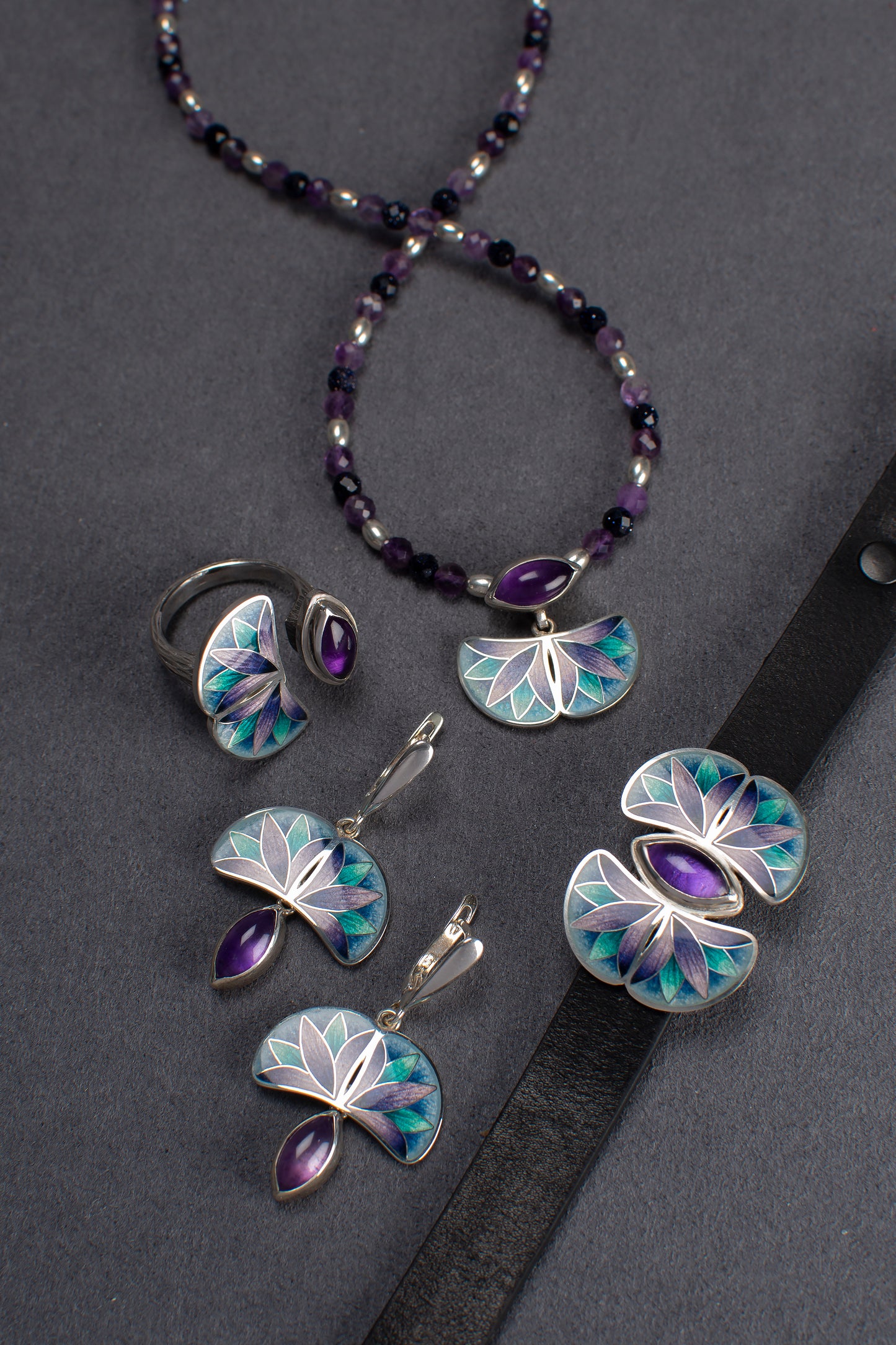 Cloisonne Enamel Necklace, Blue Purple Pendant With  Marquise Amethyst Semicircle Necklace