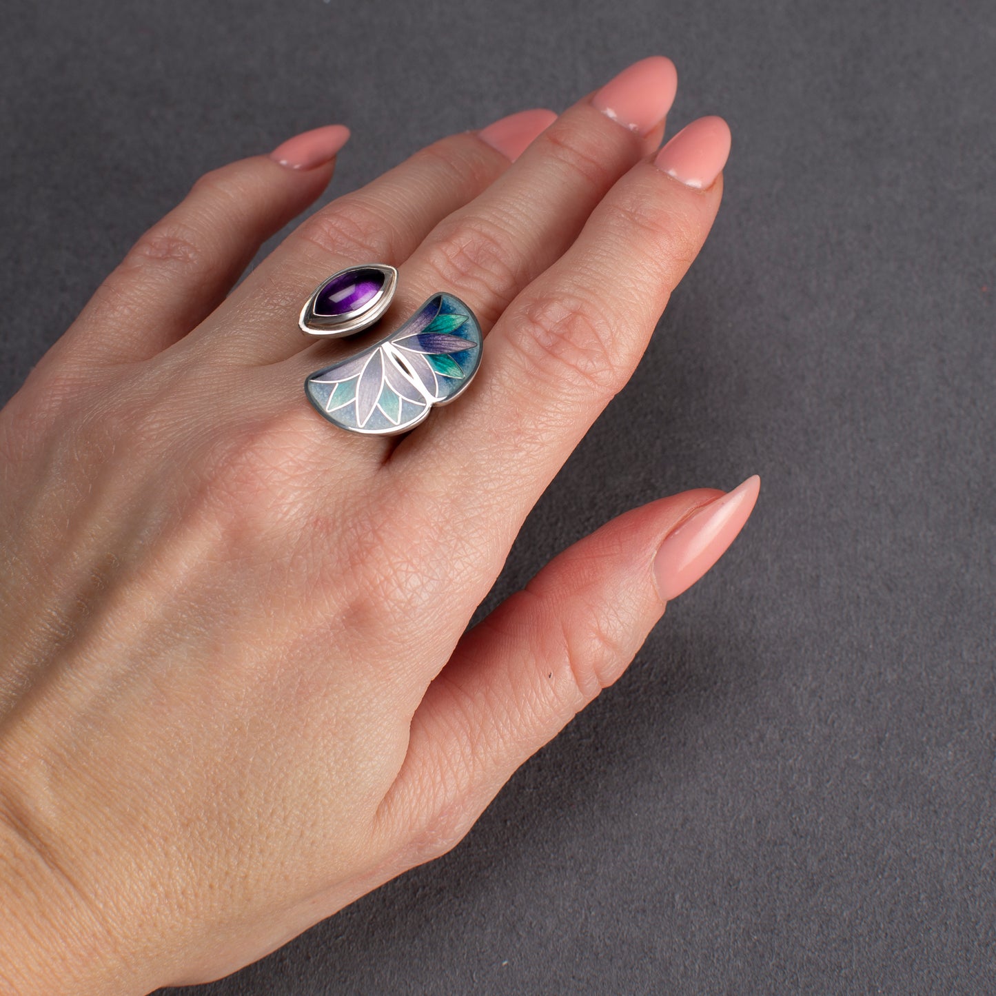 Cloisonne Enamel Open Ring With Amethyst Marquise Stone